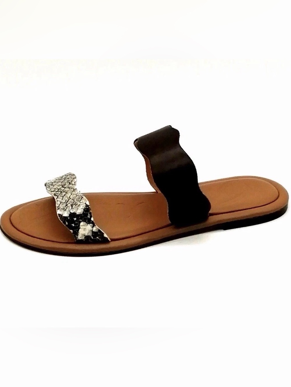 Joules Womans Aimee Slide Sandal Brown Snakeskin Double Straps Flat Heel Size 7